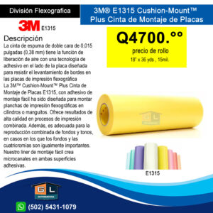 3M Cushion-Mount Plus Cinta de Montaje de Placas E1315, 18pulg x 36 yardas, 15 mil
