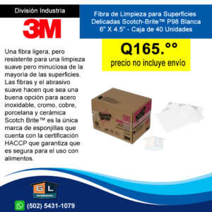 3M Fibra de Limpieza para Superficies Delicadas Scotch-Brite™ P98 Blanca 6” X 4.5” - Caja de 40 Unidades - Gl Distribuidora 2022