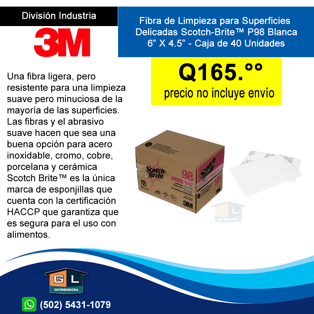 3M Fibra de Limpieza para Superficies Delicadas Scotch-Brite™ P98 Blanca 6” X 4.5” - Caja de 40 Unidades - Gl Distribuidora 2022
