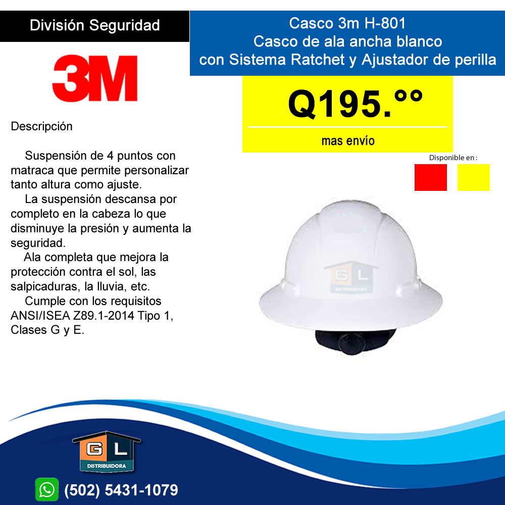 3M H-801R Casco de ala ancha blanco - GL Distribuidora - Guatemala junio 2023