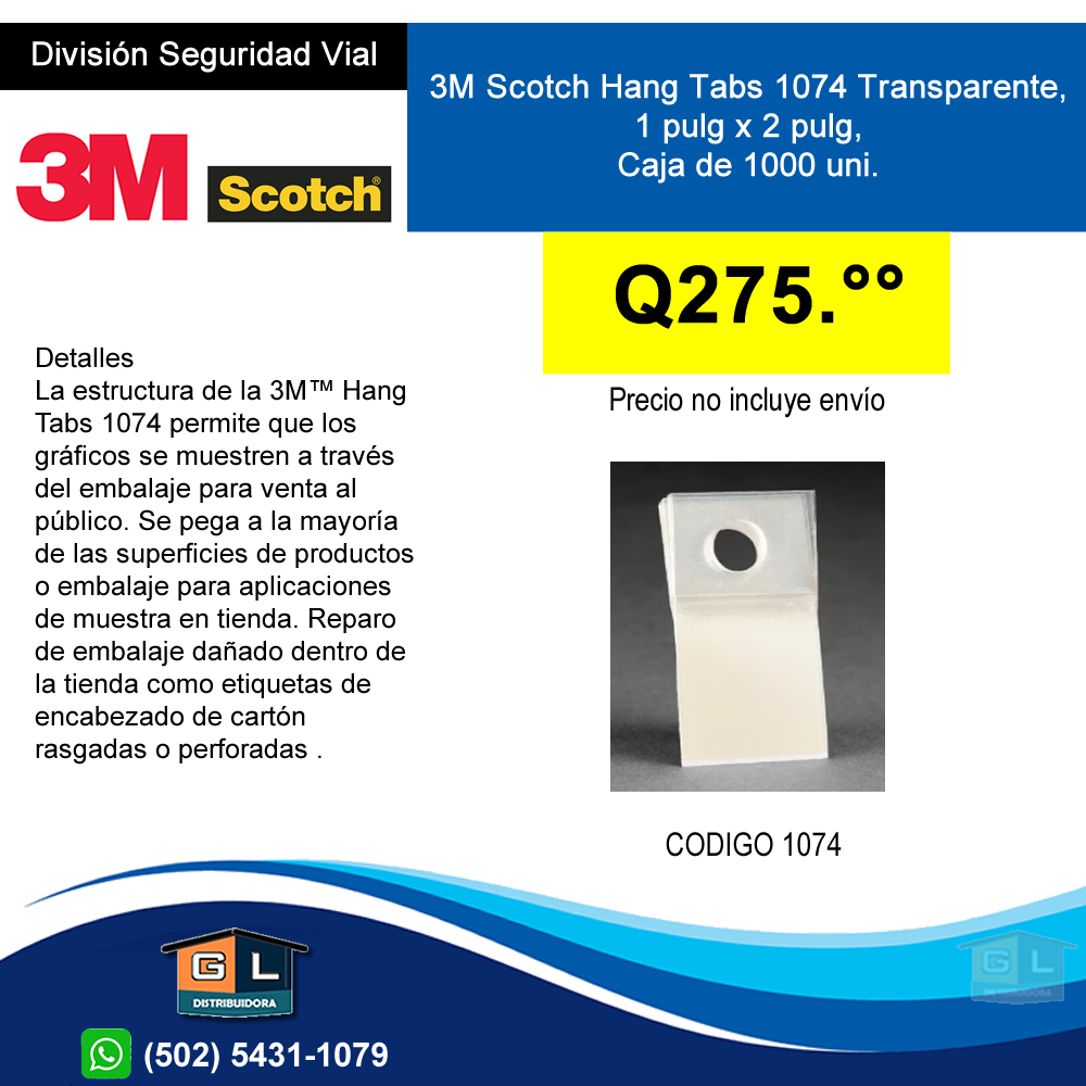 3M Scotch Hang Tabs 1074 Transparente, 1 pulg x 2 pulg, Caja de 1000 unidades - Guatemala Junio 2022