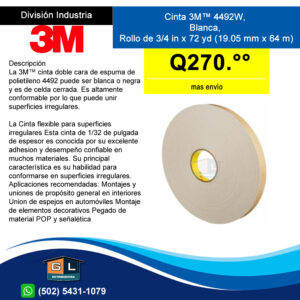 3M™ 4492W Cinta de espuma de polietileno de doble cara de 0.80 mm espesor 0.75 pulgadas x 72 yd - Gl Distribuidora guatemala 2022