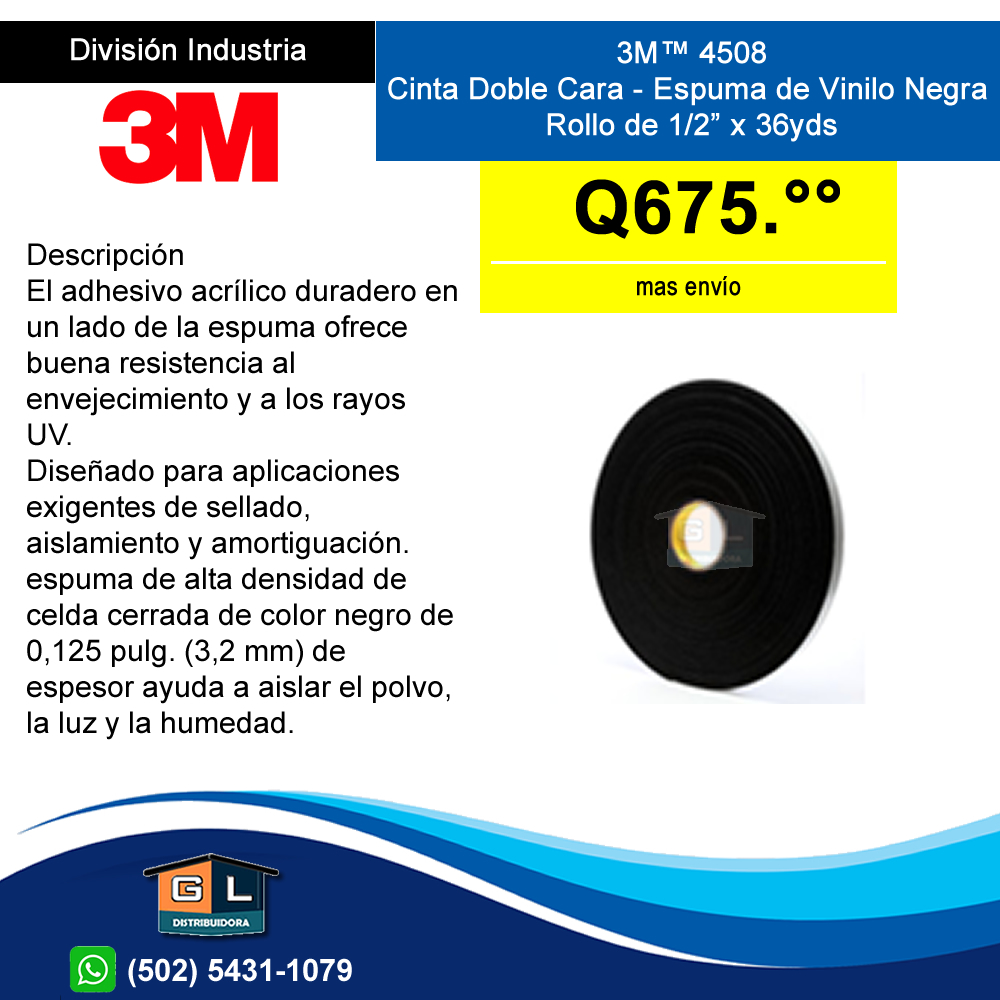 3M™ 4508 Cinta Doble Cara - Espuma de Vinilo Negra Rollo de media pulgada x 36yds - guatemala 2022