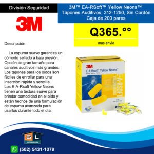 3M™ EA-RSoft™ Yellow Neons™ Tapones Auditivos, 312-1250, Sin Cordón - GL Distribuidora - Guatemala junio 2023