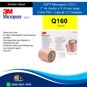 3M™ Micropore 1533-1 Color Piel 1” de Ancho x 9.10 mts largo Caja de 12 Unidades - Guatemala Junio 2022.fw