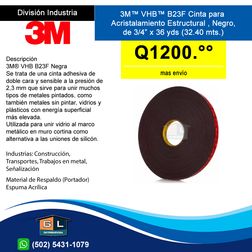 3M™ VHB™ B23F - Color Negra- Cinta Doble Cara Estructural para Ventaneria Vidrio al Marco - guatemala 2022