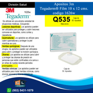 Apositos 3m Tegaderm Film Transparente 10 cms. x 12 cms. cod. 1626w - Caja de 50 unidades - Guatemala Junio 2022