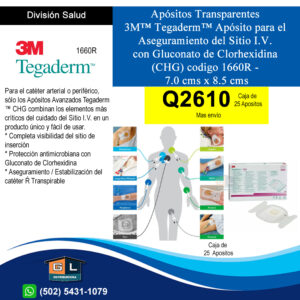 Apositos 3m Tegaderm transparente 1660R 7 cms. x 8.5 cms. con Gluconato de Clorhexidina - Caja de 25 unidades - Guatemala Junio 2022