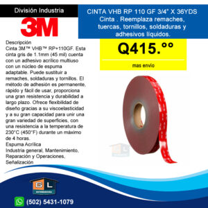 Cinta Doble Cara 3M VHB RP 110 GF Rollo de 3/4” X 36Yds