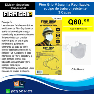 Firm Grip Máscarilla Reutilizable de 3 Capas caja de 16 unidades, - Guatemala Junio 2022