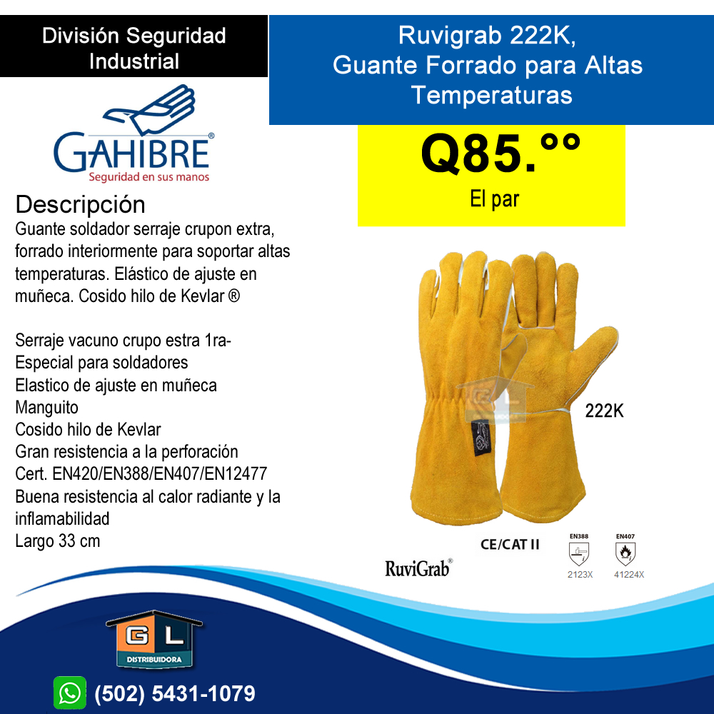 Gahibre Ruvigrab 222K, Guantes de Proteccion Forrado para Altas Temperaturas