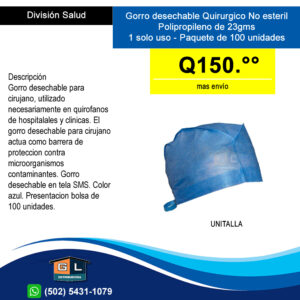 Gorro desechable Quirugico No esteril Polipropileno de 23gms 1 solo uso - Paquete de 100 unidades - guatemala 2022