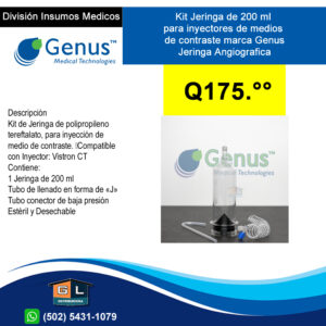Kit de Jeringa de doble de 200 ML polipropileno tereftalato, para inyección de medio de contraste. marca Genus - Guatemala Junio 2022