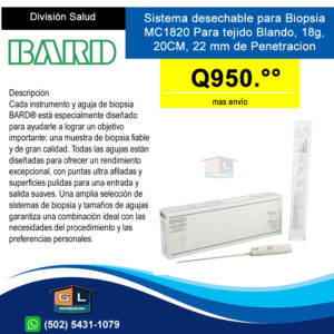 Sistema para biopsia Max Core calibre 18g x 20cm con profundidad de penetración de 22 mm - Guatemala Junio 2022