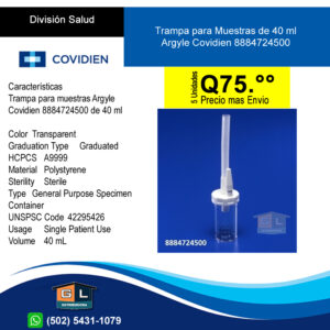 Trampa para Muestras de 40 ml Argyle Covidien 8884724500 - GL DISTRIBUIDORA