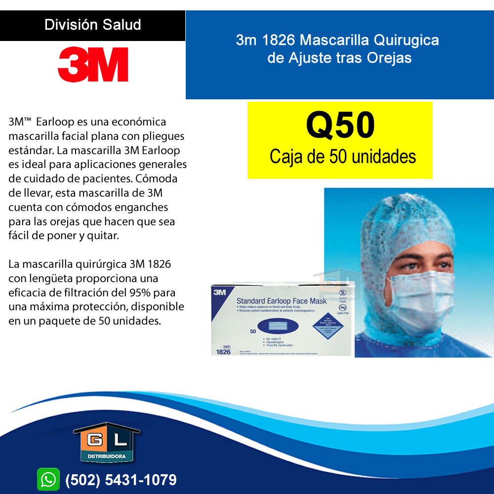 3m 1826 Mascarilla Quirugica Ajuste tras orejas - Caja de 50 unidades - Guatemala 2023