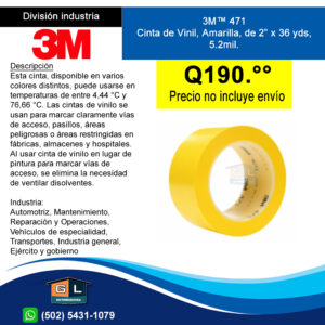 3M 471 Cinta de vinil amarilla de 2 pulgadas x 36 yds - GL DISTRIBUIDORA - 2022