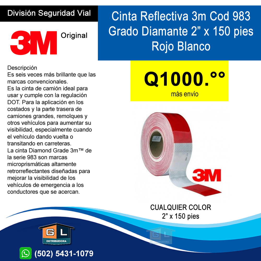 Cinta Reflectiva 3m Roja / Blanca Grado Diamante- Rollo de 2 pulgadas de ancho x 150 pies de largo - Guatemala Junio 2024