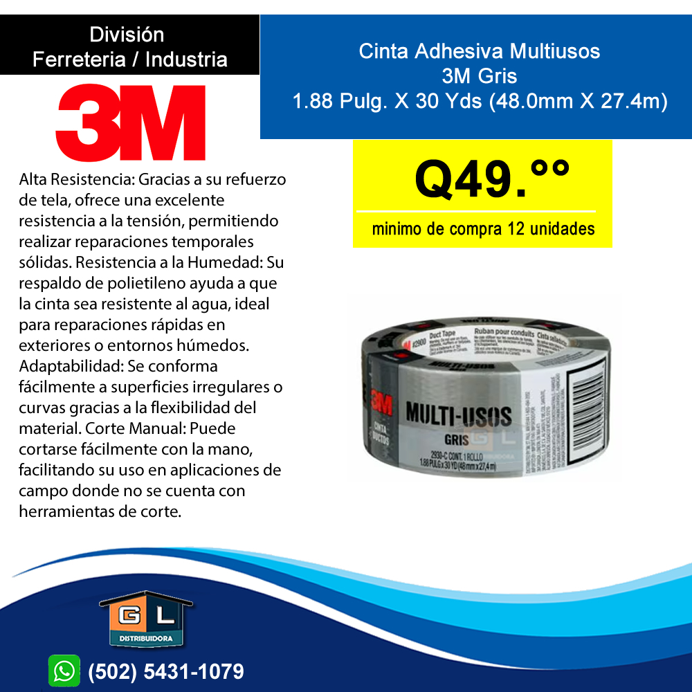 Cinta Adhesiva Multiusos 3m Gris (duct Tape) 1.88 pulg x 30 yds - Guatemala 2022 - mayo