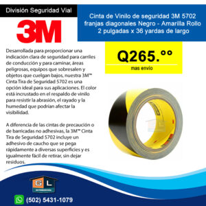 Cinta de Vinilo de seguridad 3M 5702 franjas diagonales Negro - Amarilla Rollo 2 pulgadas x 36 yardas de largo - Guatemala 2022 - mayo