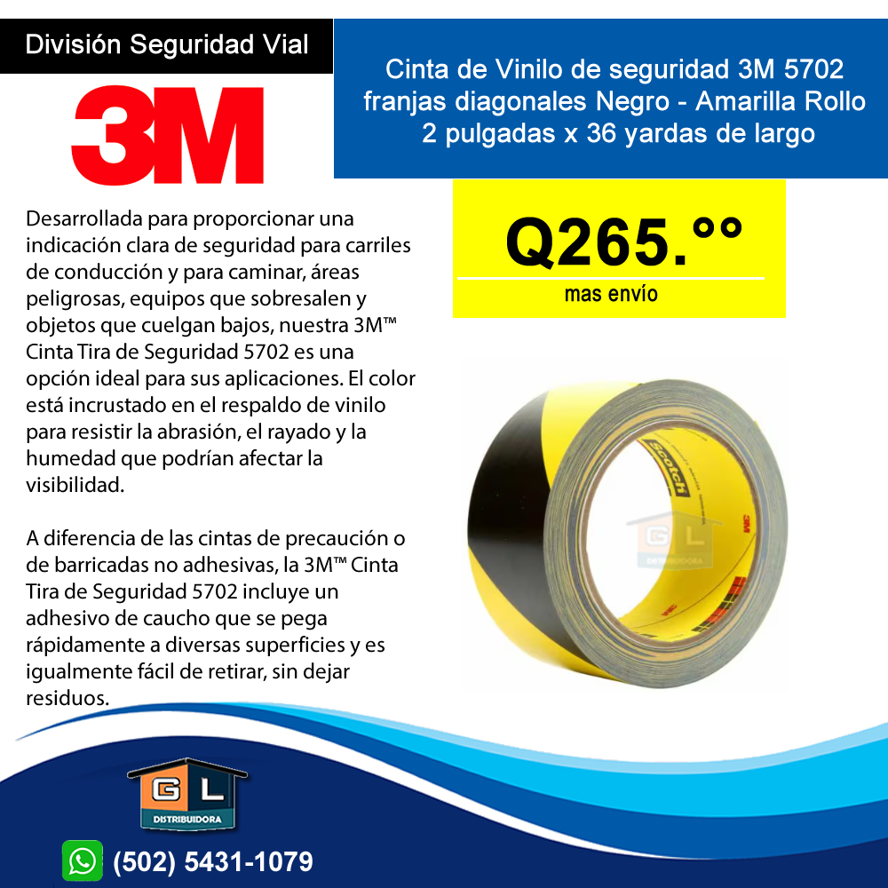 Cinta de Vinilo de seguridad 3M 5702 franjas diagonales Negro - Amarilla Rollo 2 pulgadas x 36 yardas de largo - Guatemala 2022 - mayo