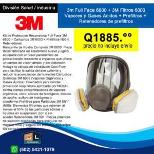Kit de Protección Respiratoria Full Face 3M 6800 + Filtros 3M 6003 Vapores y Gases Acidos + Prefiltros N95 y Retenedores. - GL Distribuidora
