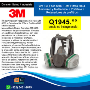 Kit de Respirador de Cara Completa 3M 6800 con Sistema de Protección Combinada para Amoniaco y Metilamina + Partículas (N95). - GL Distribuidora
