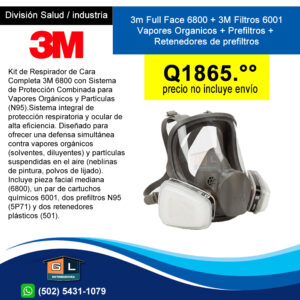 Kit de Respirador de Cara Completa 3M 6800 con Sistema de Protección Combinada para Vapores Orgánicos y Partículas (N95). - GL Distribuidora