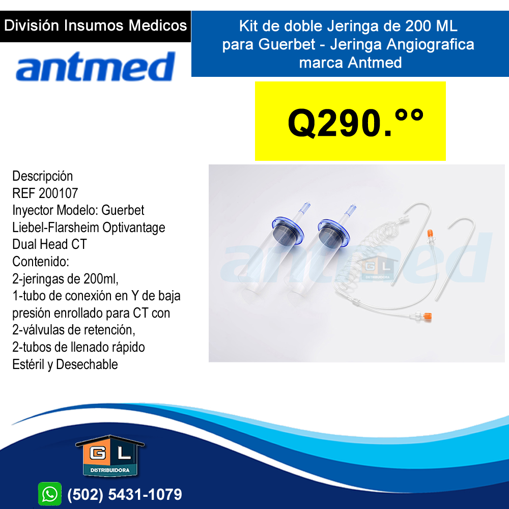 Kit de doble Jeringa de 200 ML para Guerbet - Jeringa Angiografica marca Antmed - Guatemala
