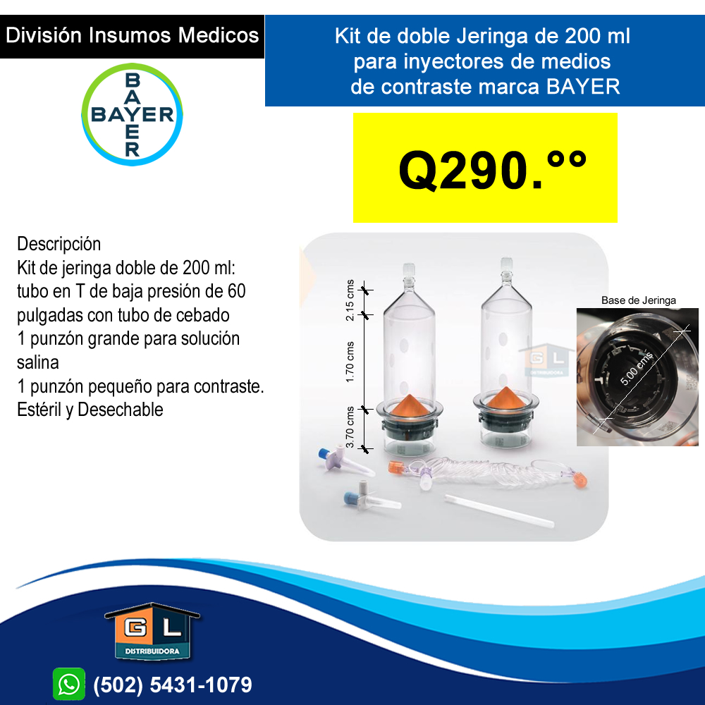 Kit de doble Jeringa de 200 ML polipropileno tereftalato, para inyección de medio de contraste. BAYER - Guatemala Junio 2022